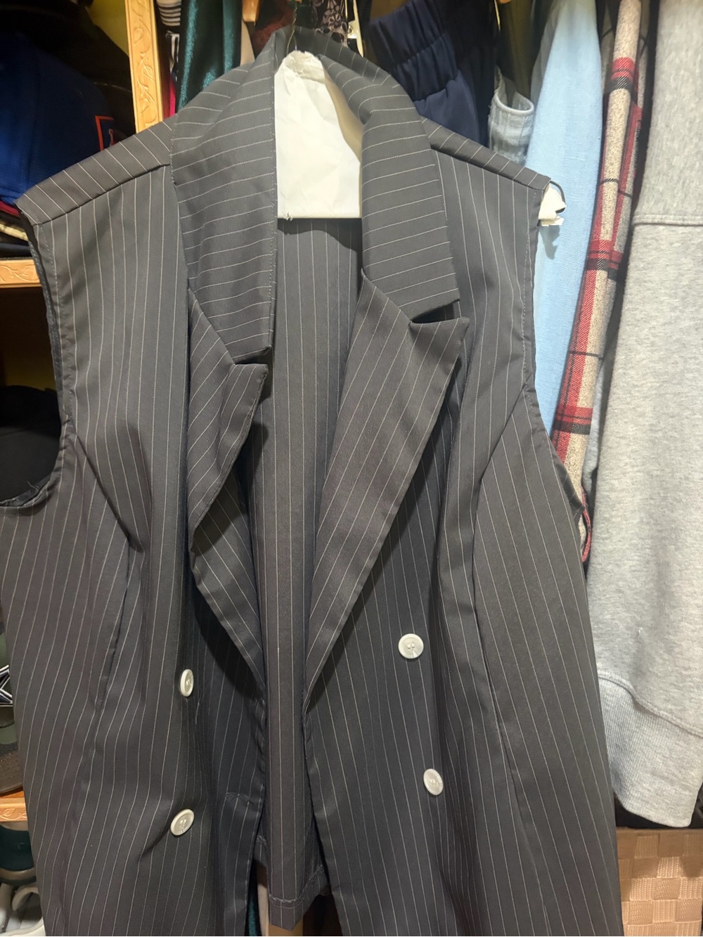Sleeveless Double-Breasted Pinstripe Blazer - Black